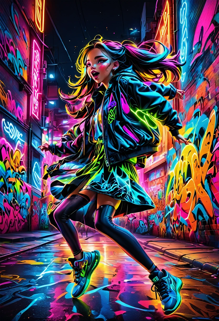 (Hohe Auflösung:1.2),Extrem detailliert,realistisch,scharfer Fokus,bunt,Graffiti bedeckte Wände,street Kunstist girl,lebendige Kleidung,leidenschaftlich singen,energetische Leistung,street Kunst backdrop,städtische Atmosphäre,Geschäftiges Straßenbild,Hektik, ausdrucksstarke Mimik, dynamische pose, Original Zubehör, souveräne Bühnenpräsenz, auffälliger Modestil, einzigartiger Streetstyle, Nachtleben in der Stadt, Neonlichter beleuchten, Street-Fashion-Kultur, jugendliche Energie, schreiende Menge, positive Schwingungen, Kunst, stylische Sneaker, Urbane Graffiti-Kultur, mit Farbe bespritzte Straßen, Schaufenster urbaner Talente, lebendige Farben, Auffällige Bilder, hohe energieleistung, elektrische Atmosphäre, Musikalischer Ausdruck, Urbaner Lebensstil