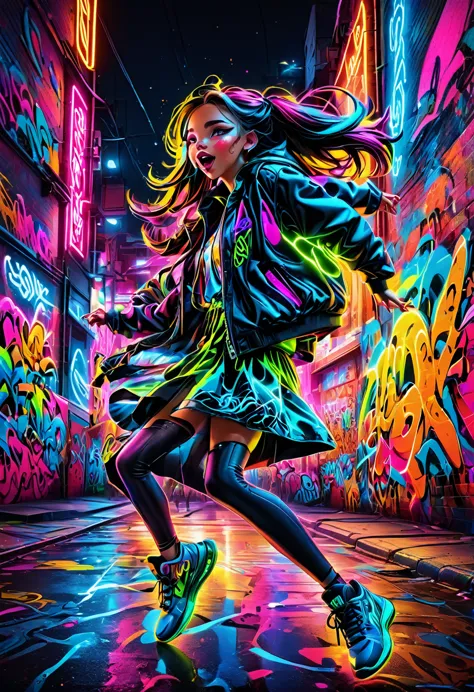 (high resolution:1.2),ultra detailed,realistic,sharp focus,colorful,graffiti covered walls,street artist girl,vibrant clothing,p...