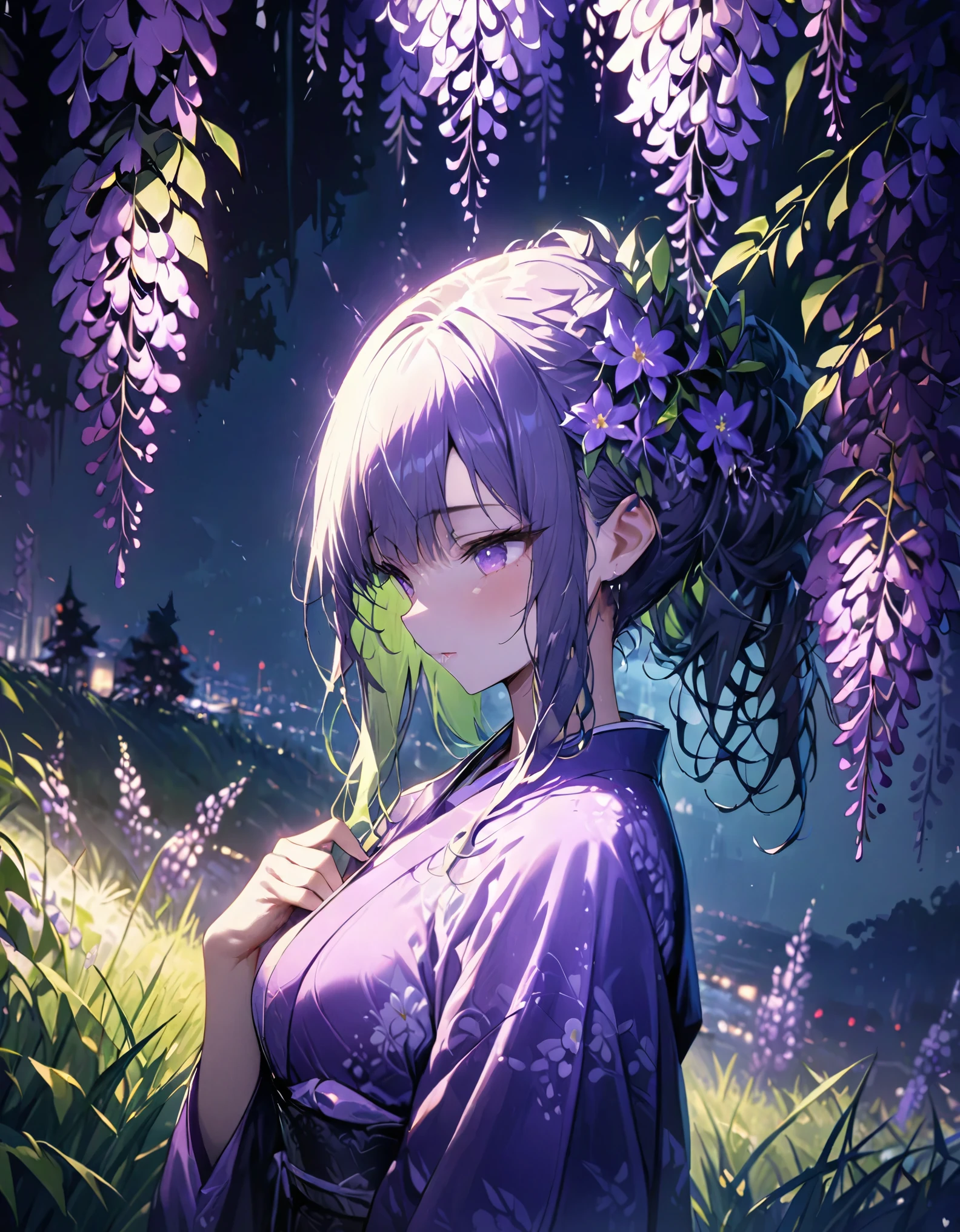 16k、8k、32k、Oborozuki、Femme portant un kimono violet、regarder en bas、Fleur de glycine、l&#39;herbe verte、nuit、clair de lune、(((chef-d&#39;œuvre))), (meilleure qualité), (Ultra détaillé), (très_haut_résolution), (grand_taille du fichier), (en couleur)