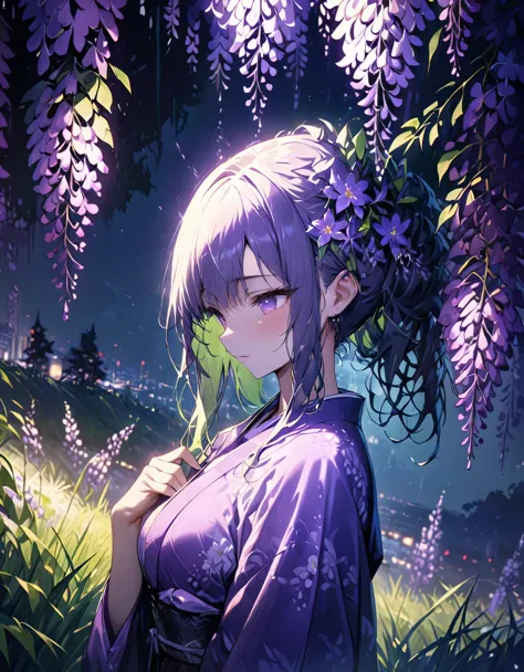 16K、8K、32K、朧月、Woman wearing purple kimono、Looking Down、Wisteria flower、Green grass、night、moonlight、(((masterpiece))), (best qual...