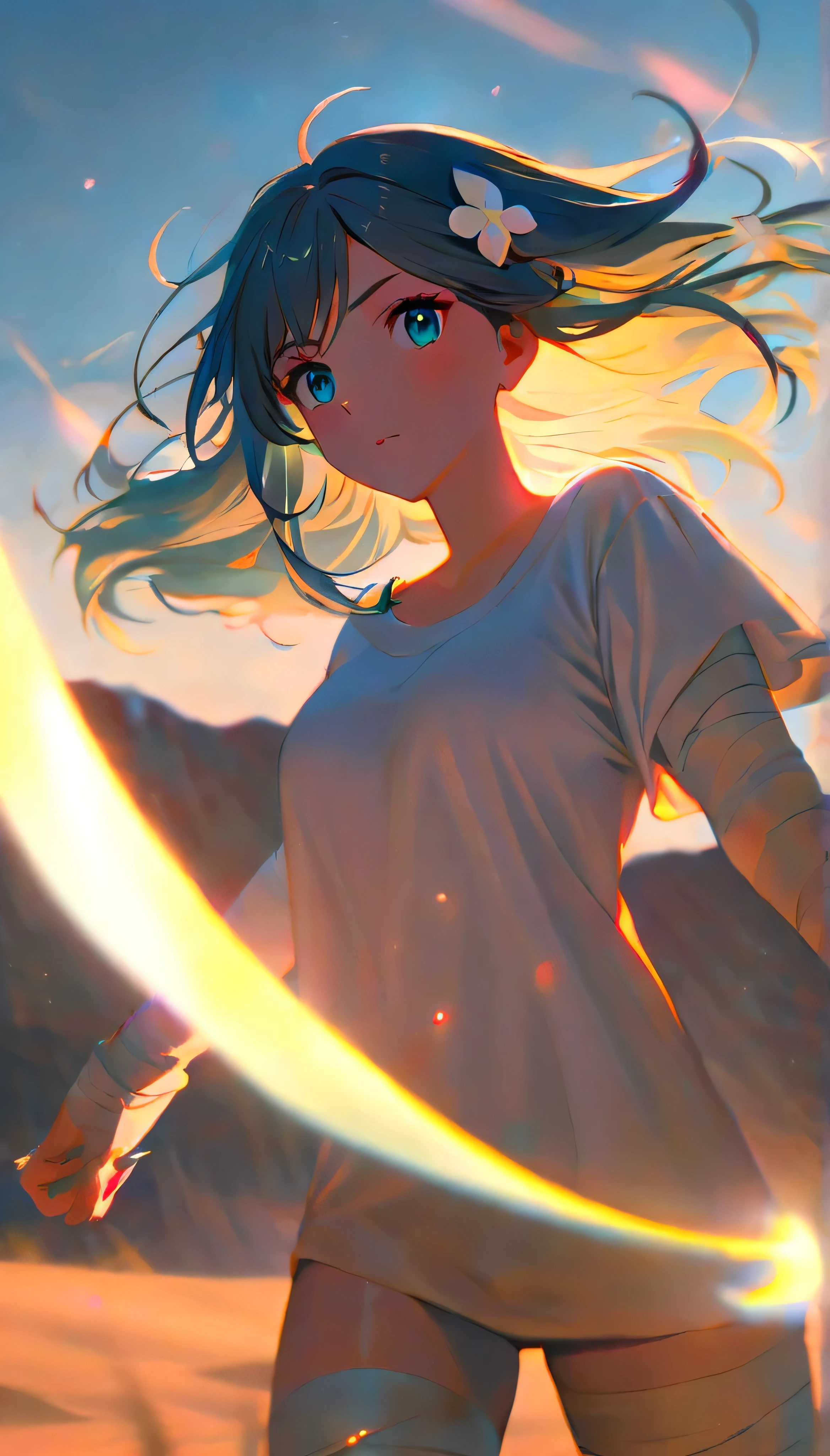 Resolution full, best quality, masterpiece, cinematic lighting, best photography, full HD, very sharpener, best art, very accurate, depth of field,  beautifull girl, very accurate, 1girl, waifu, cute waifu, long hair, dark grey  hair, cyan inner hair, white flower hair ornament, beautiful cyan eyes, medium  breast, white T - shirt oversized, bandage hands, bandage legs, holding sword, the girl have lighting power, floating girl, at desert, Columbus cloud