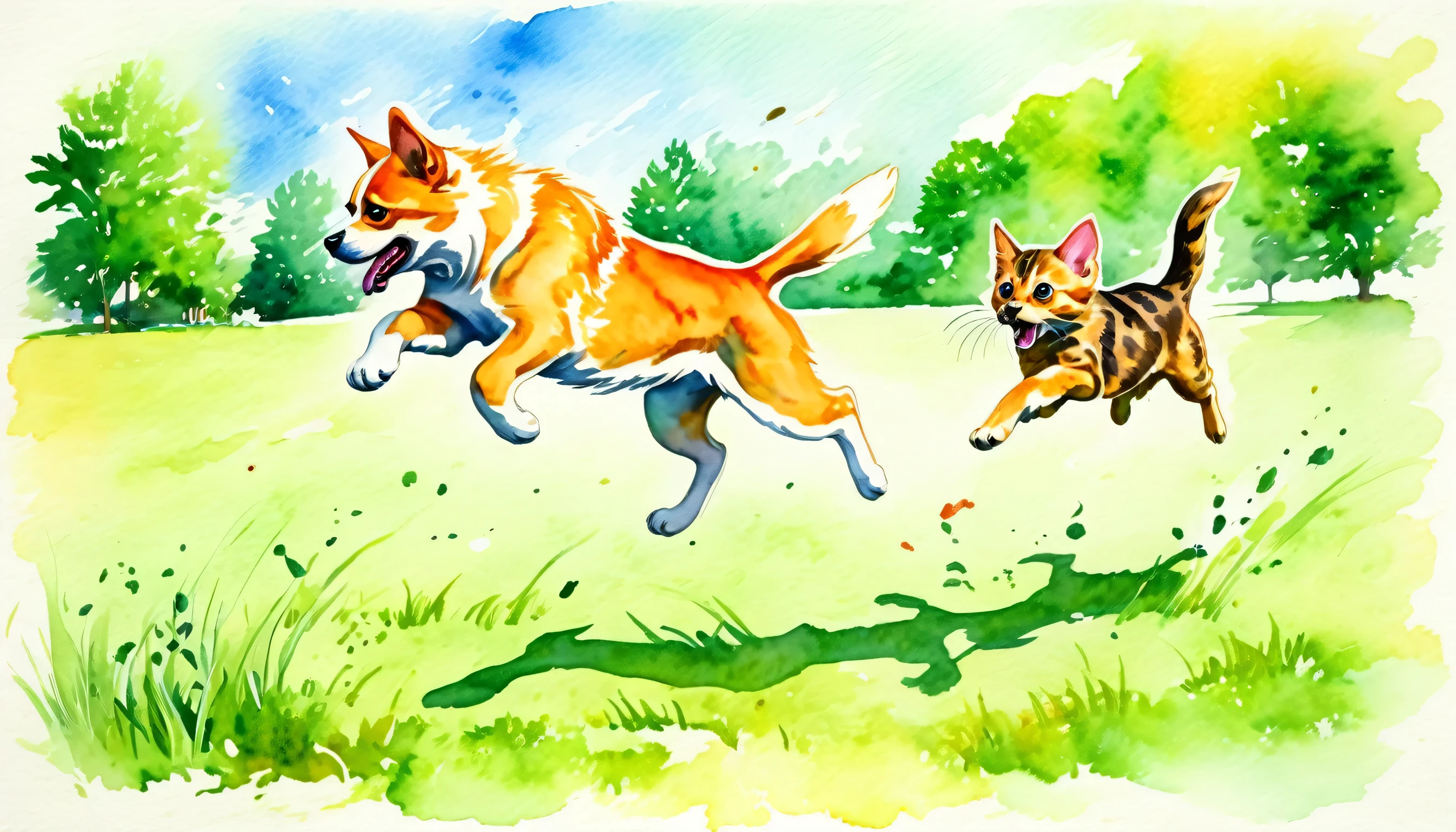 very angry small kitten chasing scared big dog, outdoors, grass, no_humans, animal_focus, animals, jumping, running, modern art, painting, drawing, watercolor, psychedelic colors