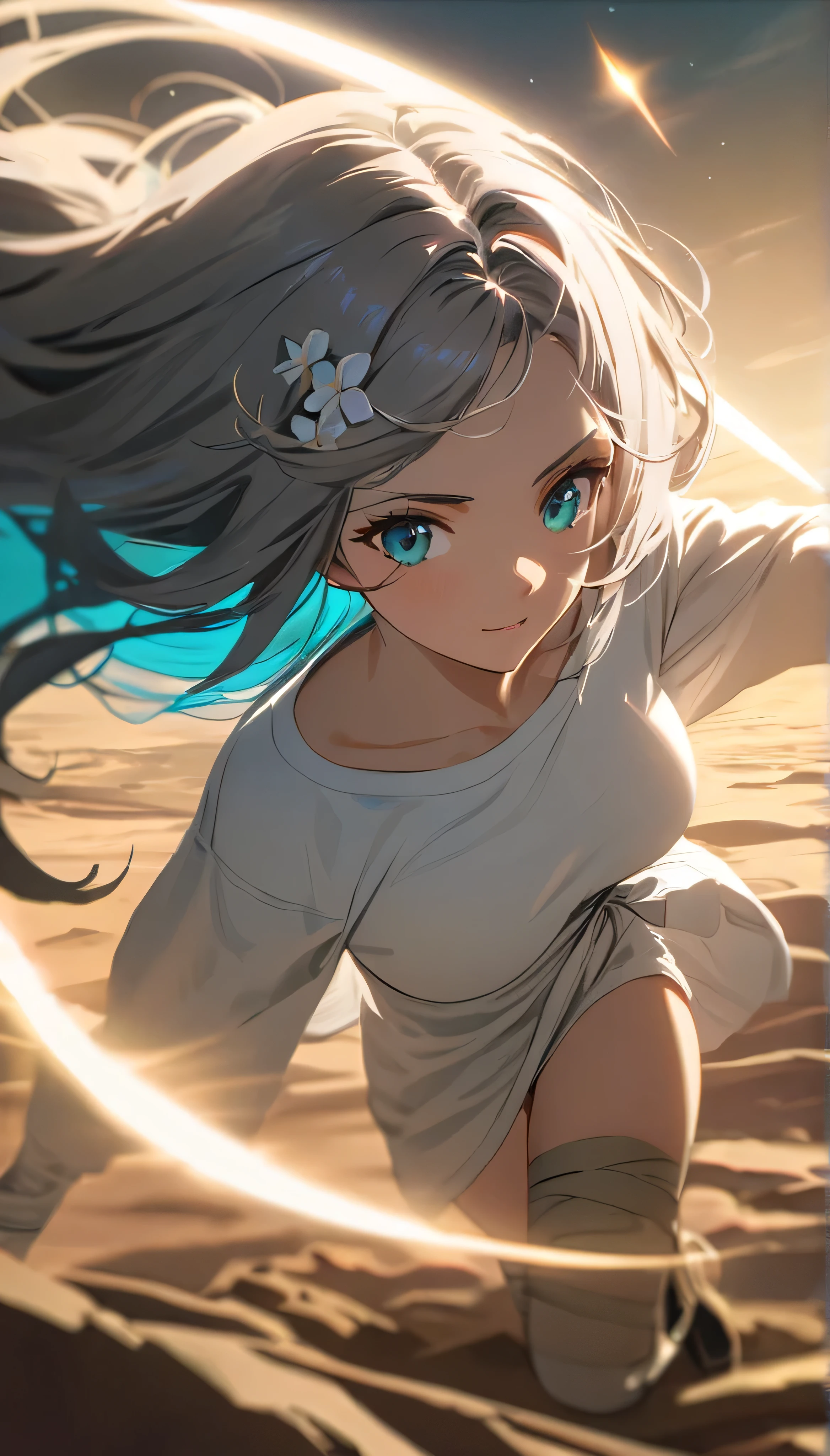 Resolution full, best quality, masterpiece, cinematic lighting, best photography, full HD, very sharpener, best art, very accurate, depth of field,  beautifull girl, very accurate, 1girl, waifu, cute waifu, long hair, dark grey  hair, cyan inner hair, white flower hair ornament, beautiful cyan eyes, medium  breast, white T - shirt oversized, bandage hands, bandage legs, holding sword, the girl have lighting power, floating girl, at desert, Columbus cloud