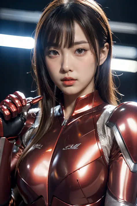 ultraman、realistic、realistic、cinematic lighting, girl in a shiny red and silver suit、15 years old、professional photos、don&#39;do...