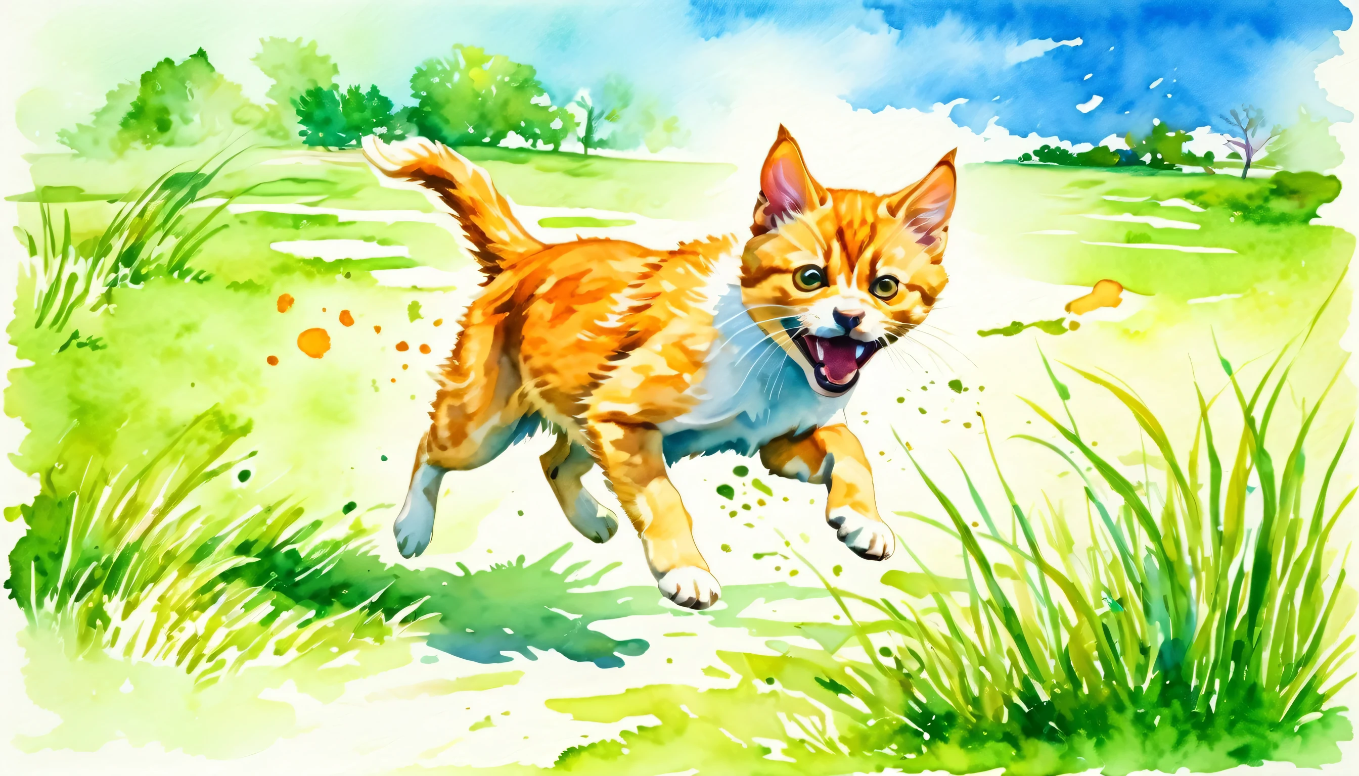 very angry small kitten chasing scared big dog, outdoors, grass, no_humans, animal_focus, animals, jumping, running, modern art, painting, drawing, watercolor, psychedelic colors