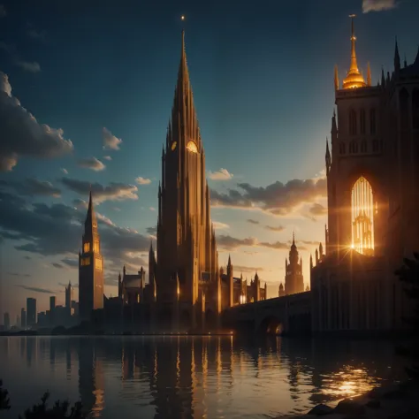 In the dark lake stands many tall golden towers，In the middle of the lake there is a very huge golden city，Next to the city is a...