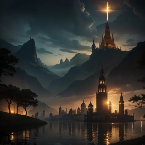 In the dark lake stands many tall golden towers，In the middle of the lake there is a very huge golden city，Next to the city is a...