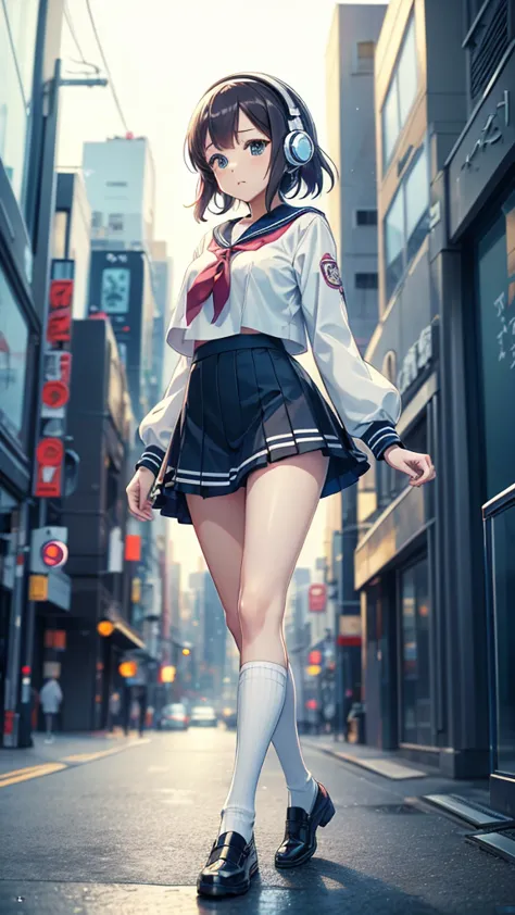 City pop style1.0、アニメの女の子 with headphones walking down the street in a , Beautiful mature , Sailor suit、uniform、Beautiful girl m...