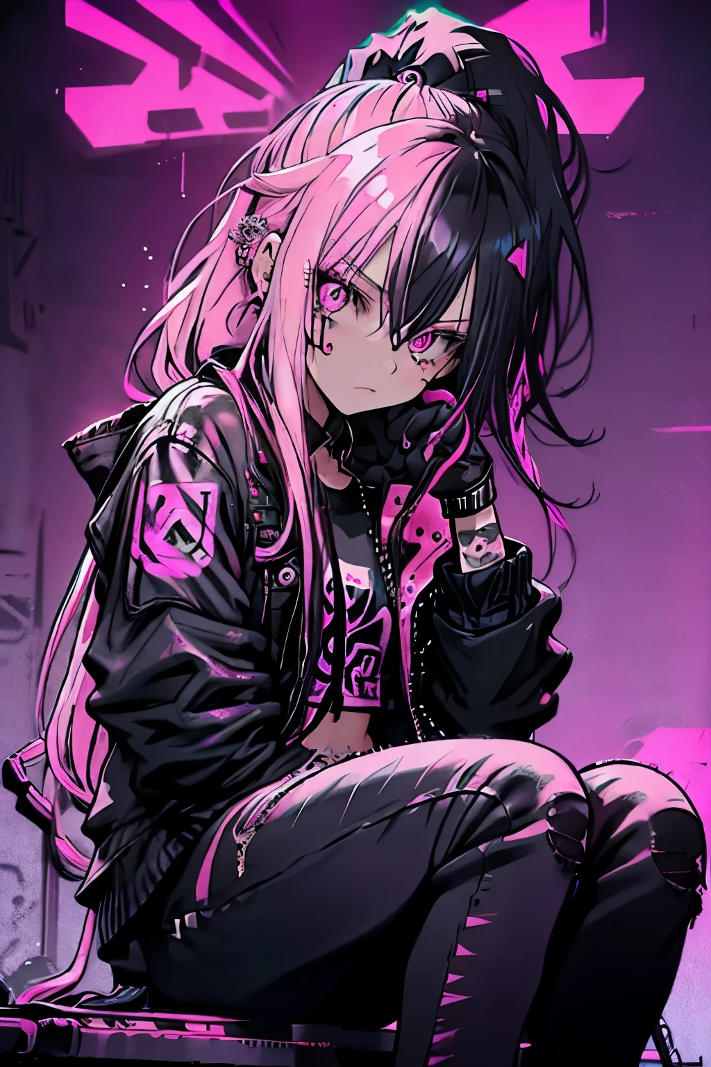 girl, Pink Long Hair, Pink Eyes, Black jacket, Distressed jeans, tattoo, ponytail, crazy, Sitting pose, Neon Background