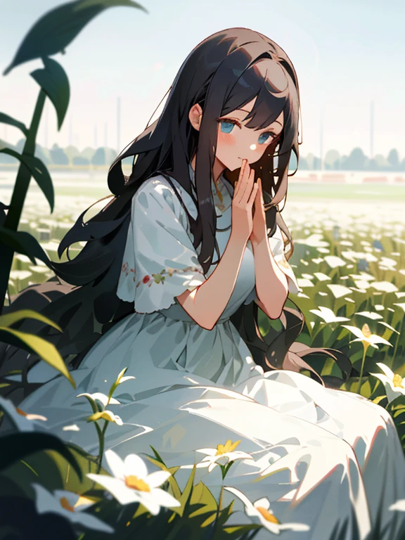 （tmasterpiece，best qualtiy），Sit in a field of greenery and flowers，Long haired girl with hands under chin，warmly lit，white dresses，Blurred foreground。