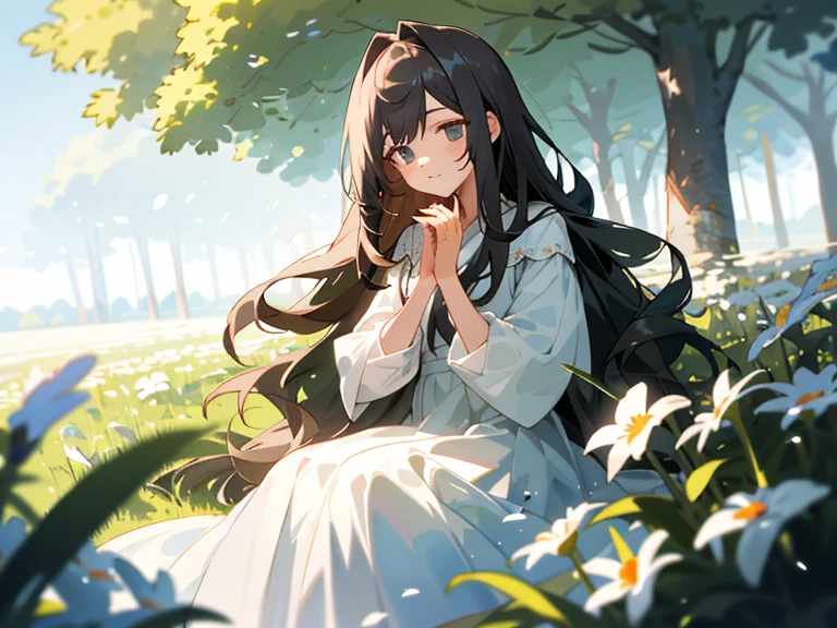 （tmasterpiece，best qualtiy），Sit in a field of greenery and flowers，Long haired girl with hands under chin，warmly lit，white dresses，Blurred foreground。