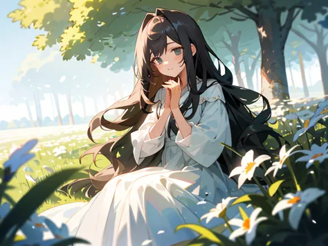 （tmasterpiece，best qualtiy），sit in a field of greenery and flowers，long haired girl with hands under chin，warmly lit，white dress...