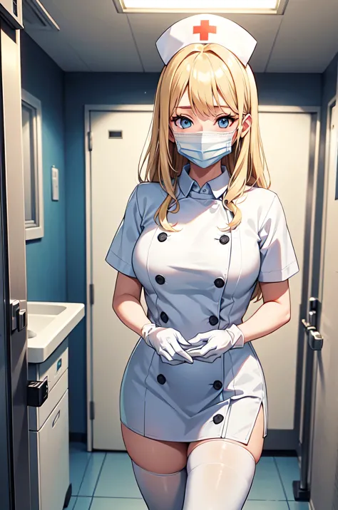 1woman, solo, nurse, white nurse cap, white nurse uniform, ((white legwear, zettai ryouiki)), white gloves, blonde hair, blue ey...