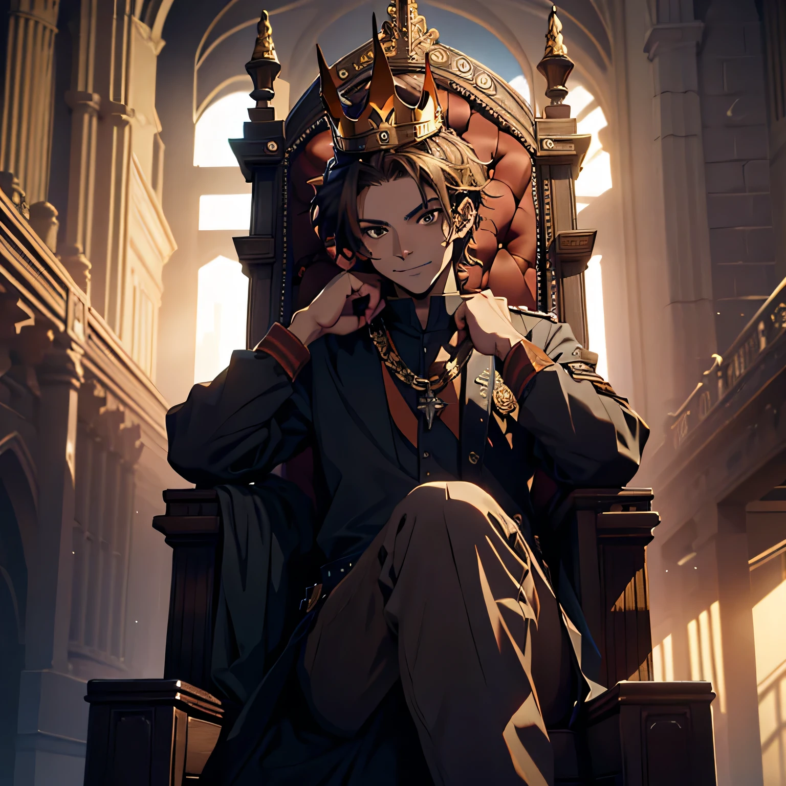 (best quality,highres),young man,short brown messy hair,brown eyes,ironic smile,hold crown,sit relaxed on throne,badass,dark atmosphere,normal adventure clothes