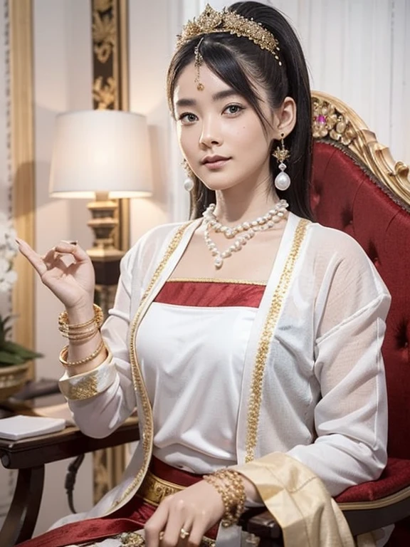 Beautiful queen wearing traditional dress with MMTD Burmese pattern,Wear a pearl necklace and a gold bracelet,Beautiful details throughout the body, Sitting in a kingly position on a long traditional golden throne in a golden palace, Myanmar traditional hairstyle,Optimal Configuration, Panorama cover photo, Centimetric lighting and ultra-realistic details, Octane Rendering, Unreal Engine, Sharp focus,32k ,UHD resolution