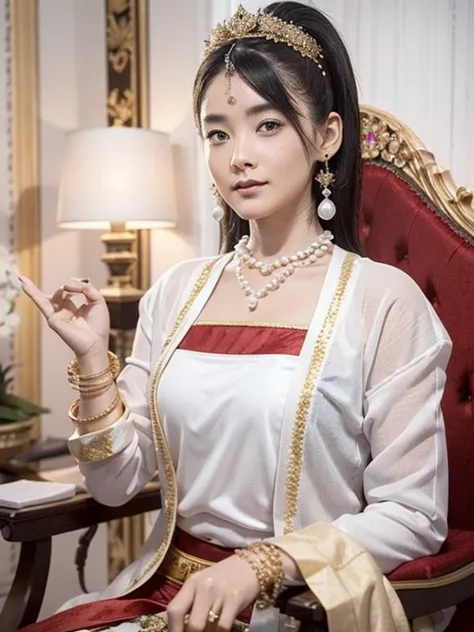 Beautiful queen wearing traditional dress with MMTD Burmese pattern,Wear a pearl necklace and a gold bracelet,Beautiful details ...
