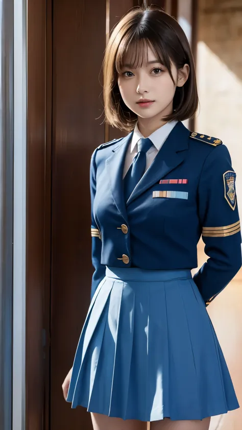 (Highest Resolution, clearly_image), highest quality, masterpiece, Very detailed, Semi-realistic, Woman with dark shoulder-length hair, Dark Eyes, mature, mature woman, Royal Sister, sexy, short hair, Triple Van, Light blue uniform, Light blue jacket, sold...