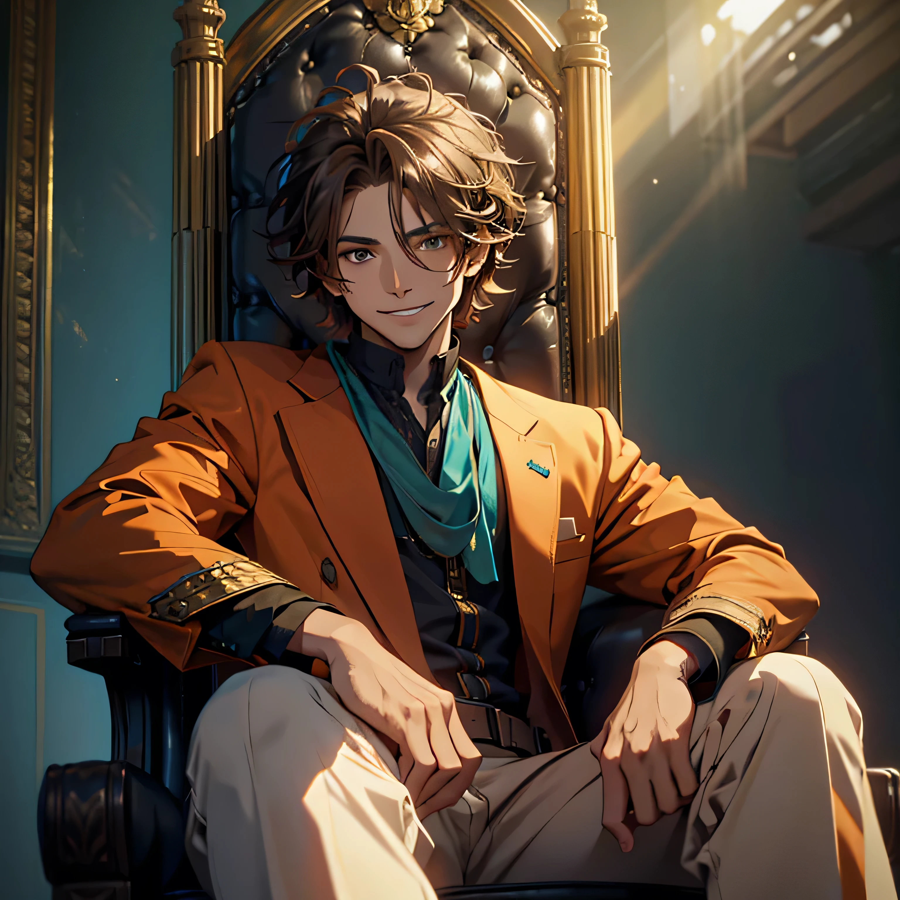 (best quality,highres),young man,short brown messy hair,brown eyes,ironic smile,sit relaxed on throne,turquoise atmosphere,normal simple clothes