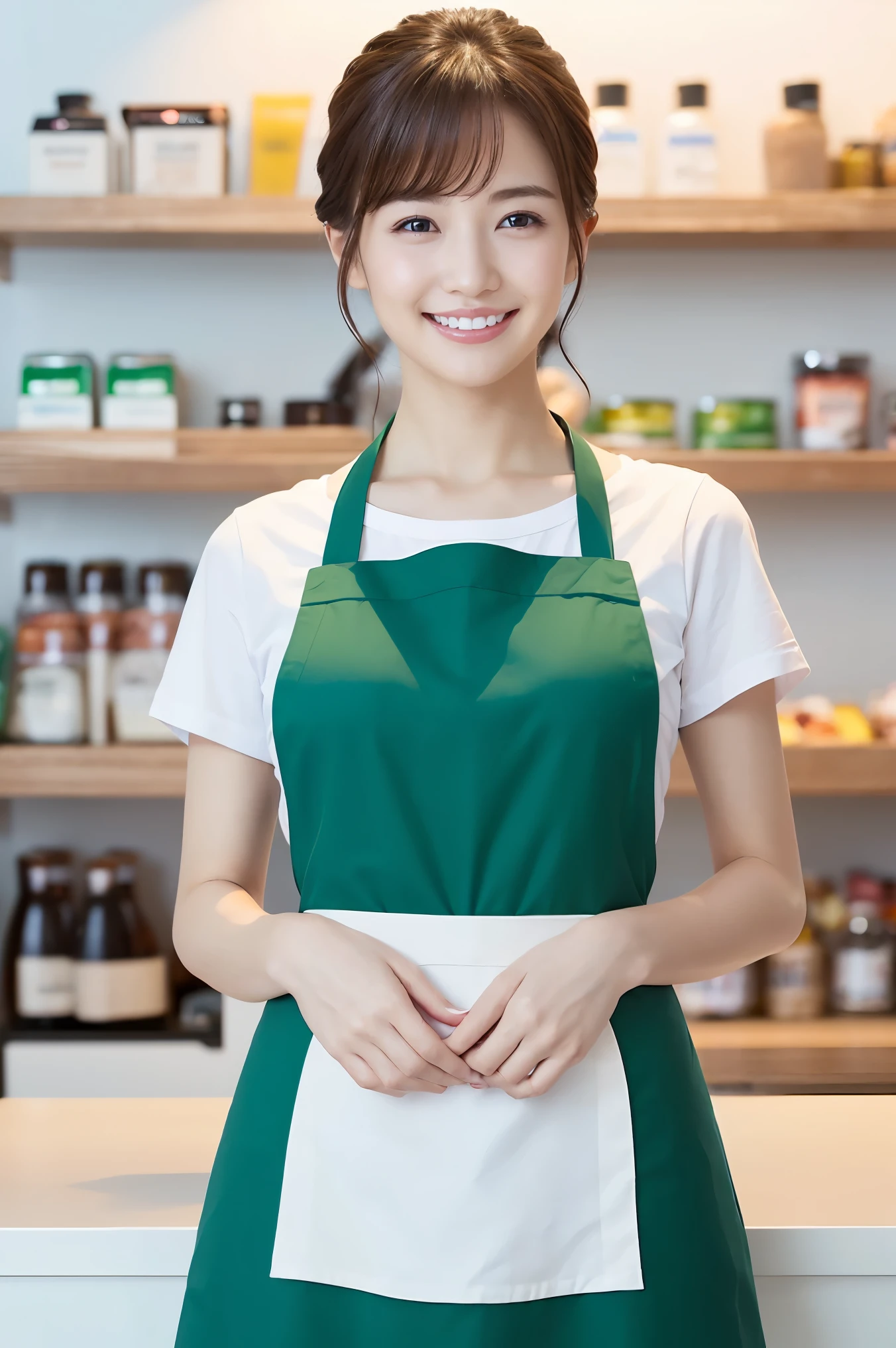 (highest quality、Tabletop、8K、Best image quality、Award-winning works)、a woman working at a convenience store、(The most natural and perfect plain green simple apron:1.3)、(Simple green apron:1.2)、Classy shirt、(Big Breasts:1.1)、(Accentuate your body lines:1.1)、(Standing Elegantly:1.1)、Beautiful woman portrait、The most natural and perfectly organized convenience store、In the background are convenience store shelves、Perfectly organized shelves、Shelves lined with natural products、(very bright and vivid:1.2)、Strongly blurred background、Look at me and smile、(Accurate anatomy:1.1)、Ultra high resolution perfect beautiful teeth、Ultra-high definition beauty face、Ultra HD Hair、Ultra-high definition sparkling eyes、(Glowing Beautiful Skin with ultra-high resolution:1.3)、(Glowing Beautiful Skin:1.2)、Ultra-high quality glossy lips