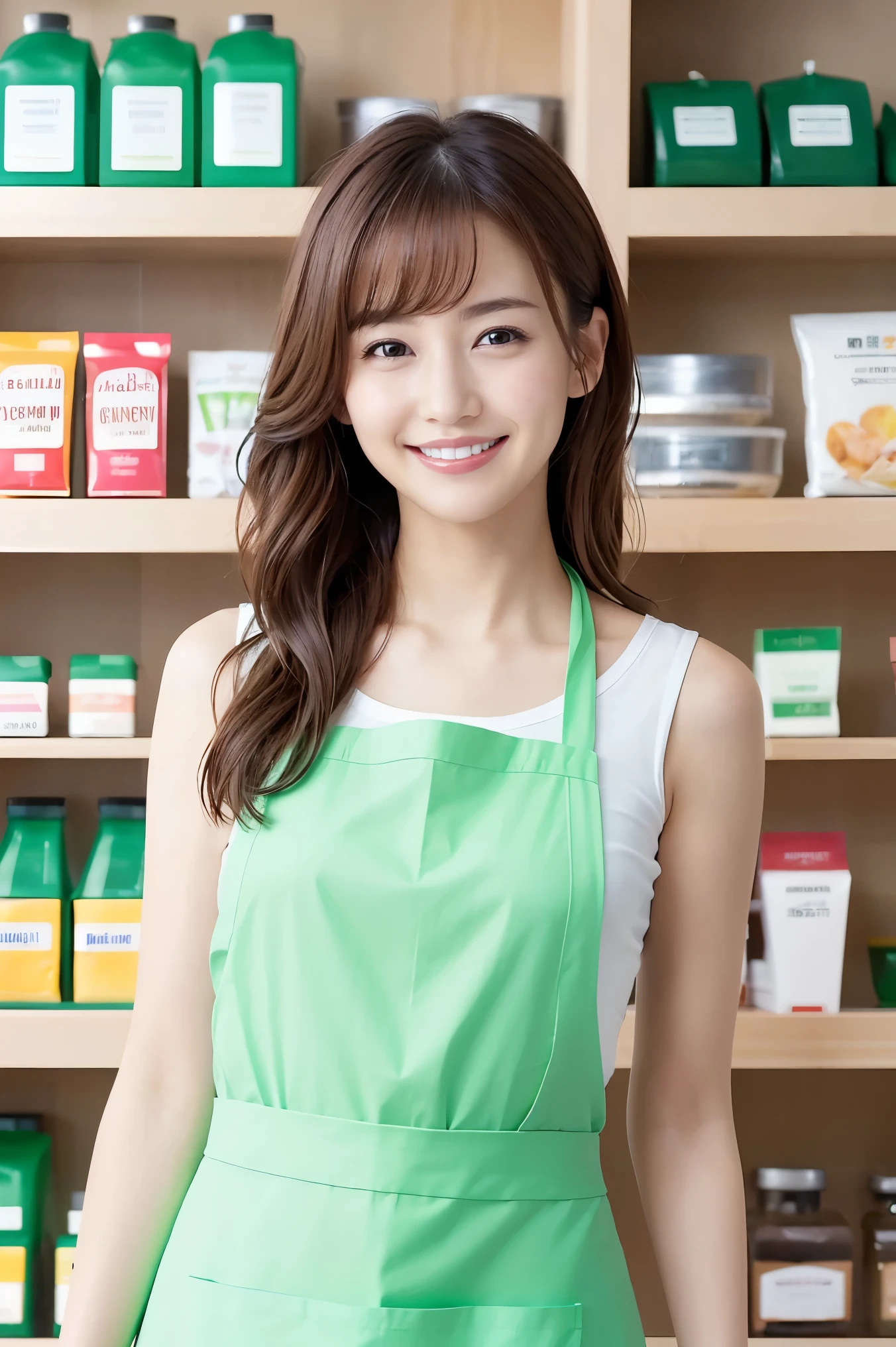 (highest quality、Tabletop、8K、Best image quality、Award-winning works)、a woman working at a convenience store、(The most natural and perfect plain green simple apron:1.3)、(Simple green apron:1.2)、Classy shirt、(Big Breasts:1.1)、(Accentuate your body lines:1.1)、(Standing Elegantly:1.1)、Beautiful woman portrait、The most natural and perfectly organized convenience store、In the background are convenience store shelves、Perfectly organized shelves、Shelves lined with natural products、(very bright and vivid:1.2)、Strongly blurred background、Look at me and smile、(Accurate anatomy:1.1)、Ultra high resolution perfect beautiful teeth、Ultra-high definition beauty face、Ultra HD Hair、Ultra-high definition sparkling eyes、(Glowing Beautiful Skin with ultra-high resolution:1.3)、(Glowing Beautiful Skin:1.2)、Ultra-high quality glossy lips