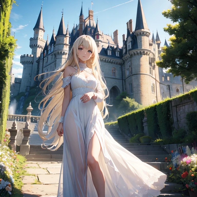 In front of the castle　White Dress　Long dress　Lace dress　Blonde　Girl　Long Hair　