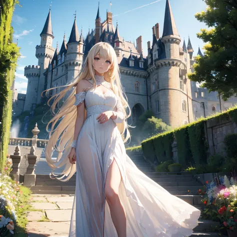 in front of the castle　white dress　long dress　lace dress　blonde　girl　long hair