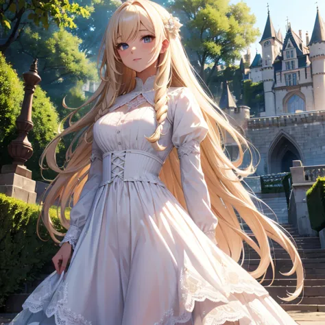 In front of the castle　White Dress　Long dress　Lace dress　Blonde　Girl　Long Hair　