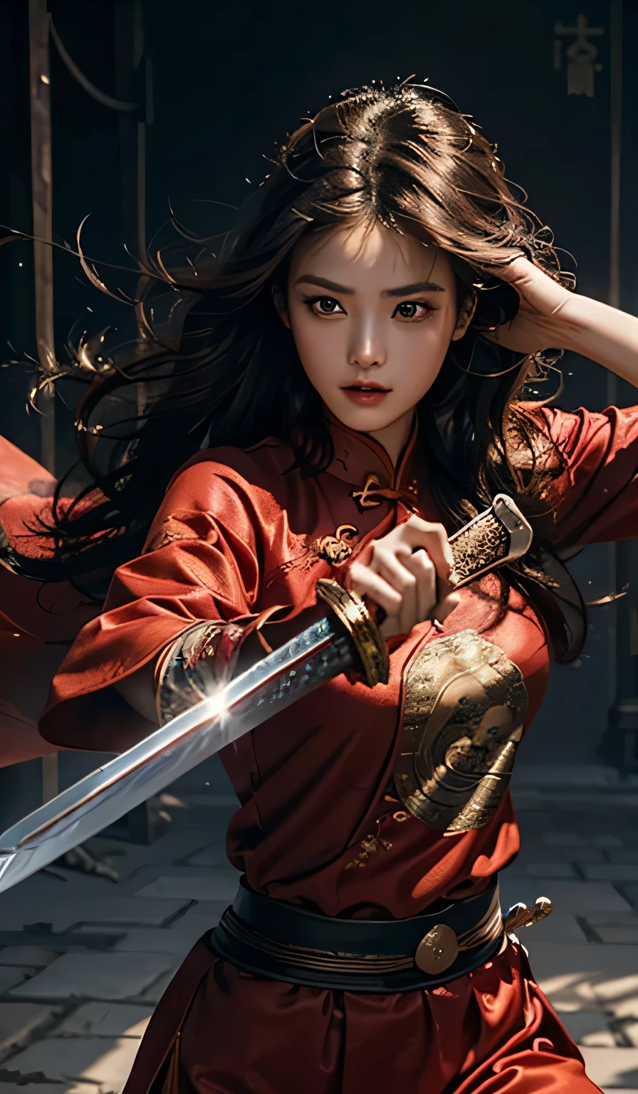 Top Quality, Masterpiece, High Resolution, Wuxia 1girl, Cheongsam, delicate Face, Beautiful Eyes, Beautiful Hair, (Hold the Sword: 1.5), Kung Fu Action, Martial Warriors, dynamic pose