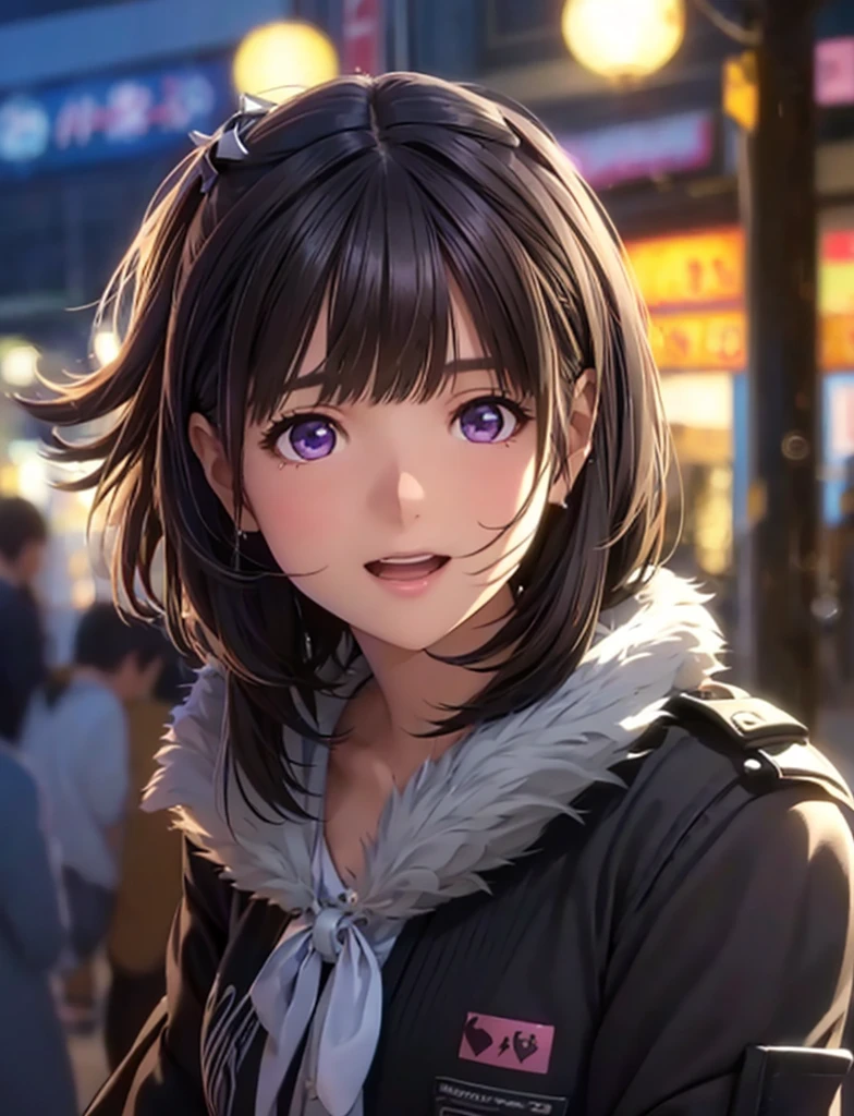 High resolution,In 8K,highest quality,detailed,Semi-realistic anime,Anime 3D Style,Smooth anime CG,One Girl,19-year-old woman in Japan,slim,Modeled,Shiny brown hair,Medium Hair,detailedな顔,Beautiful and detailed,Glowing Skin,White feather collar,Wear a black jumper,straggling hair,Angelic hairstyle,((Deep violet sparkling eyes)),(Small breasts),((Open your mouth),((Laughter))