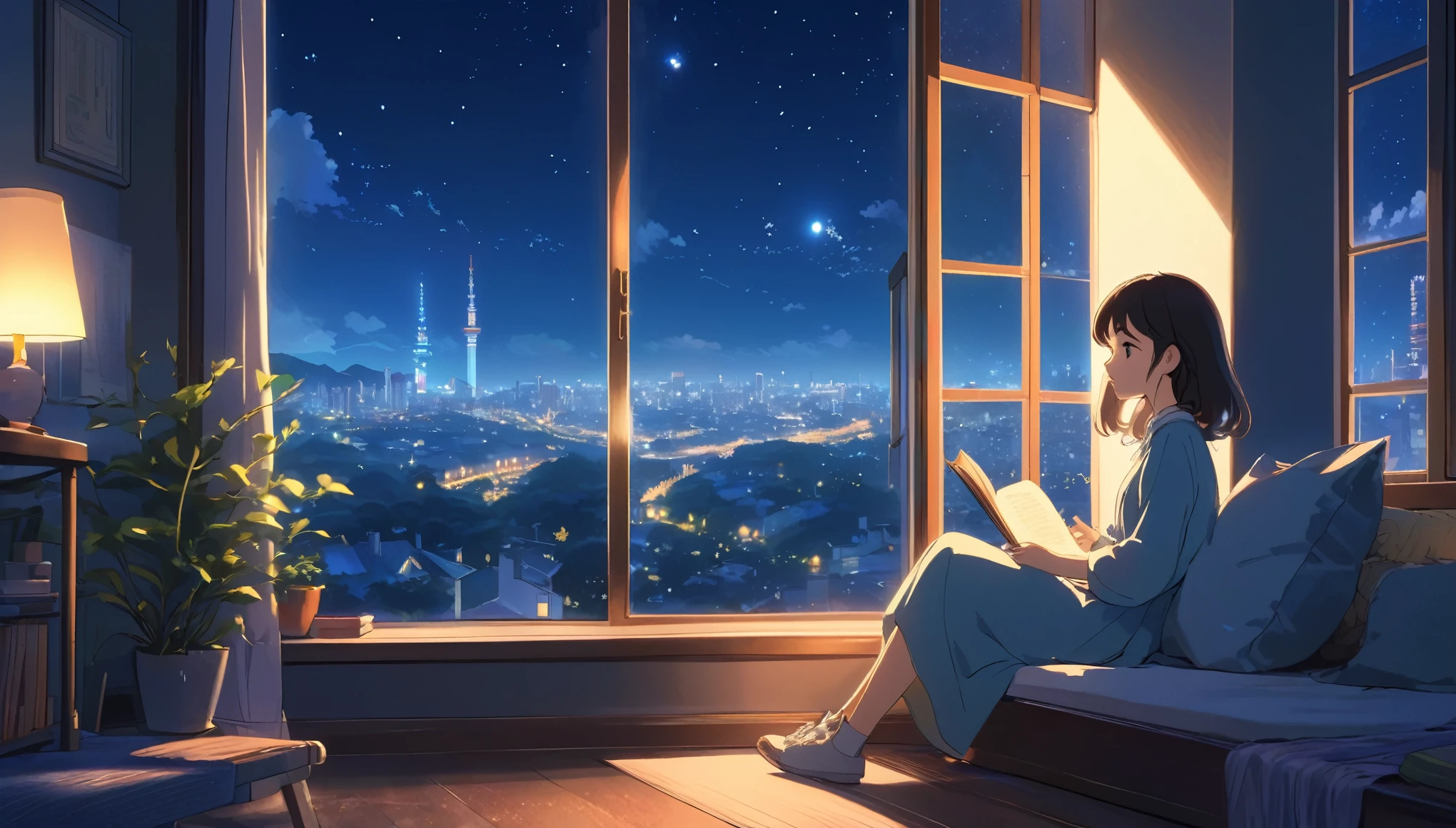 Paisajes tipo Ghibli, Chica universitaria leyendo un libro, Vista nocturna de la ciudad desde la habitación, Una chica, Una mirada de ensueño fuera de la ventana., Linda chica en estilo anime, Relájate en tu habitación, Relación de imagen 16:9 paisaje