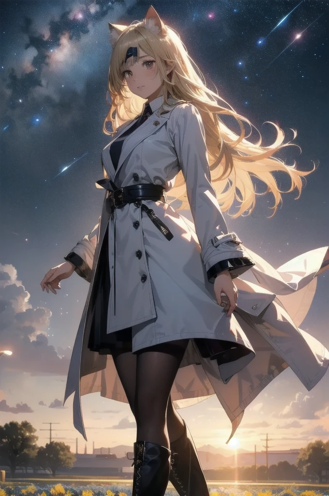 1 female,Cat ear，Blonde long hair， Wide Shot, standing behind, silhouette， Knee-high boots，Long coat,High resolution,cosmic starry sky，Flower Field，(Unbelievably absurd),Anime Visual,Highly detailed CG Unity 8k wallpaper, ((masterpiece)), ((highest quality)), (Beautiful illustrations), ((Very delicate and beautiful))