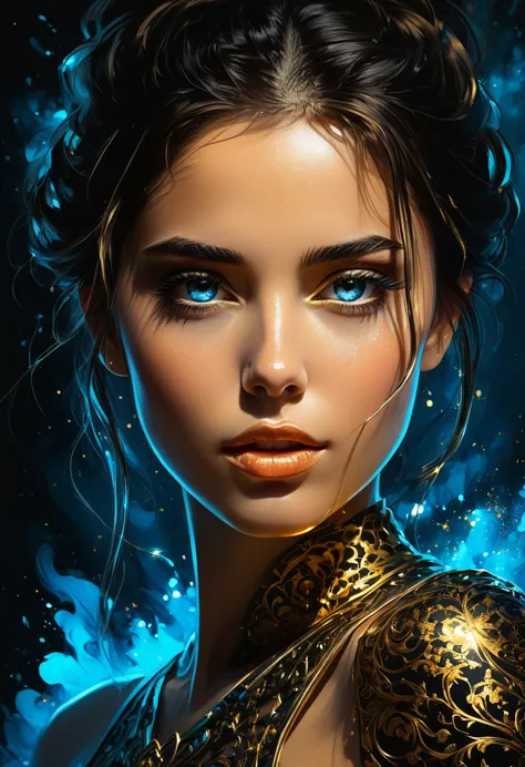 fluorescent horizon,
Shadow art, digital illustration, comic book style. Draw a portrait, close-up of Espa Karina with blue eyes...