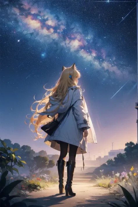 1 female,cat ear，blonde long hair， wide shot, back view, silhouette， knee-high boots，long coat,high resolution,cosmic starry sky...