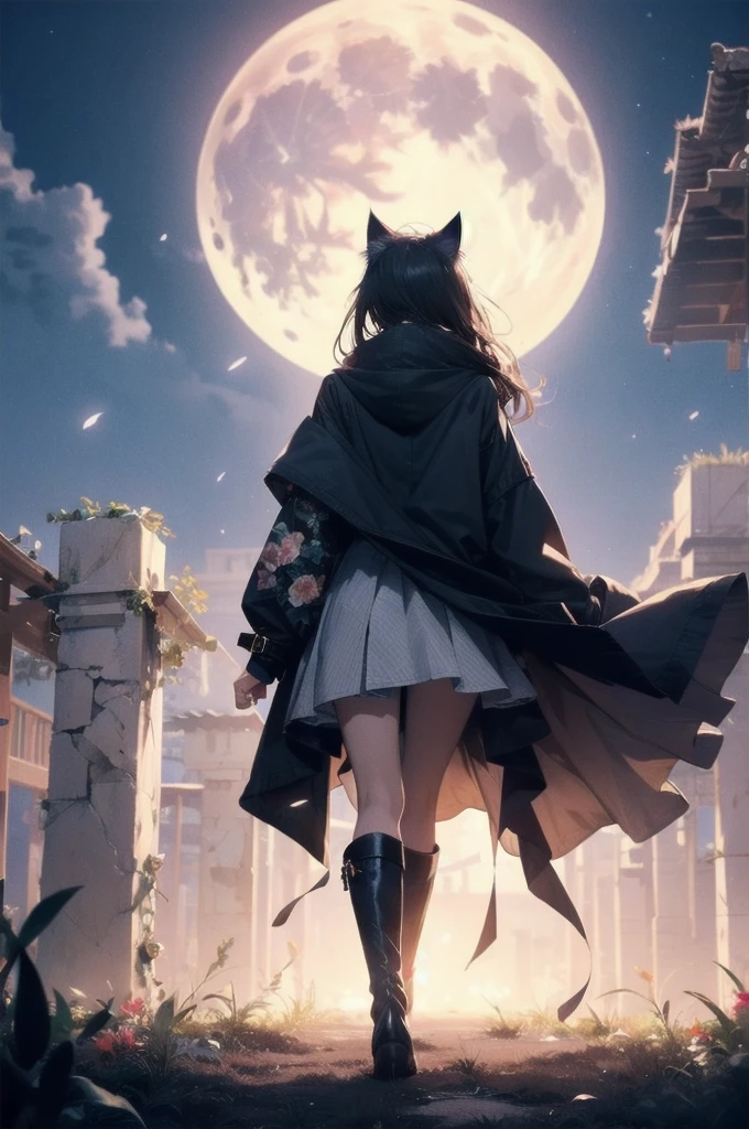 1 female,Cat ear， Wide Shot, standing in リヤビューof bloody full-moon,Back view,  From below ,silhouette， Knee-high boots，Long coat,High resolution,Flower Field，(Unbelievably absurd),Anime Visual,Highly detailed CG Unity 8k wallpaper, ((masterpiece)), ((highest quality)), (Beautiful illustrations), ((Very delicate and beautiful))