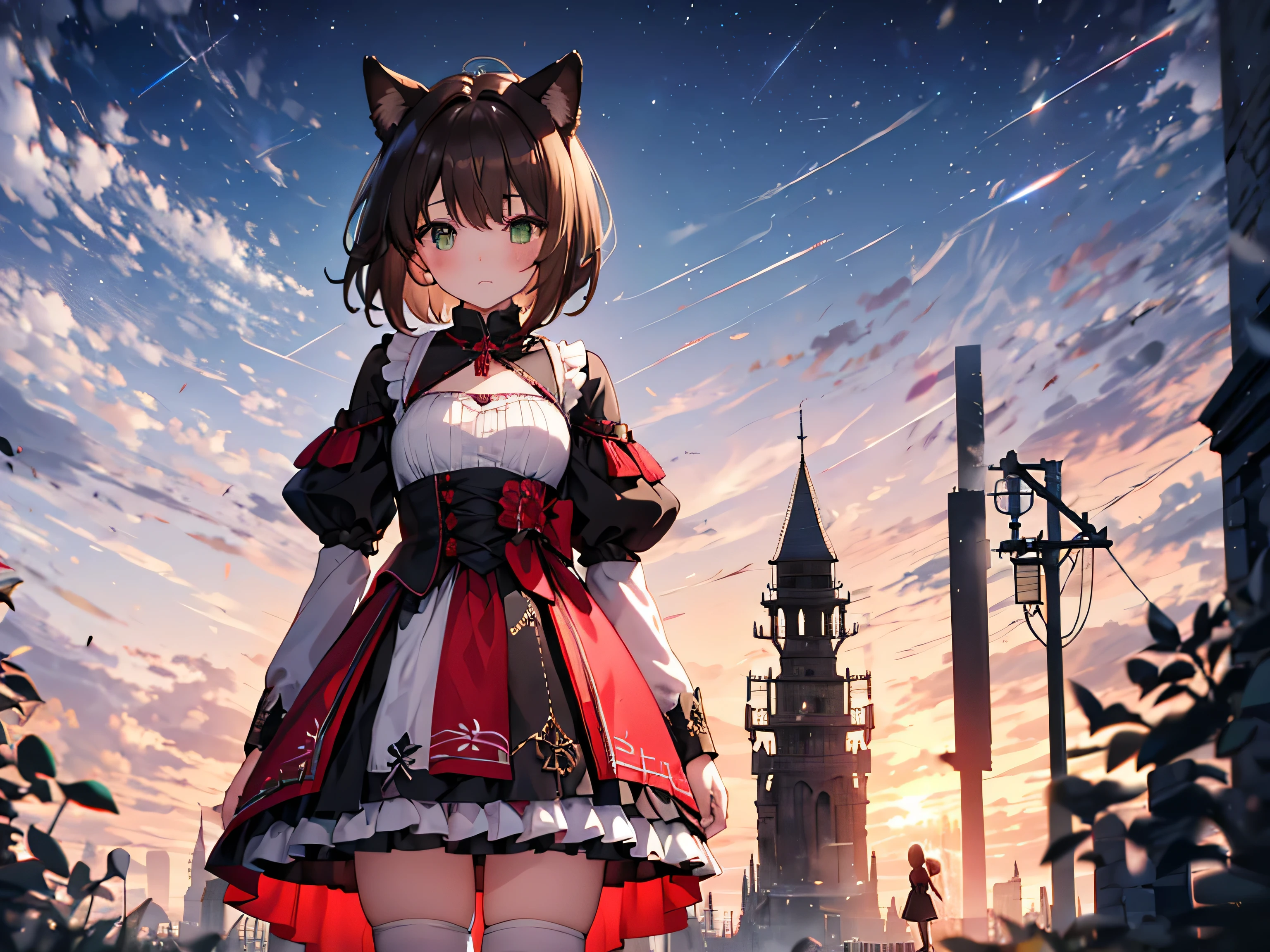 10-year-old girl, one person, Green Eyes, Brown Hair, Dog ears, Dog tail, Short Bob Hair, Small breasts,red and white gothic lolita, mini skirt, Short stature, Expressionless, 32K image quality, Ancient battlefield, Clothes with very detailed embroidery,