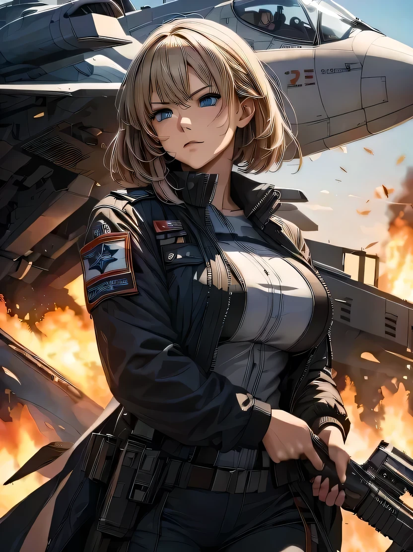 ((masterpiece、highest quality、Genuine、Very detailed、High resolution、Sharp focus、Photorealistic、Movie-like lighting))、Natural and realistic colors、((1 girl、Bust Shot))、Official Art、ＳＦmovie、Adult female, Age 25、blue eyes、Black bob short hair、Air Force uniform、Non-commissioned officer uniform、Combat air force jacket、Serious face、Sharp eyes、Realistic Face、The background is a battlefield、Burning Future Air Base、Spaceship in the sky、Dynamic Action、View your viewers、Detailed hand drawing