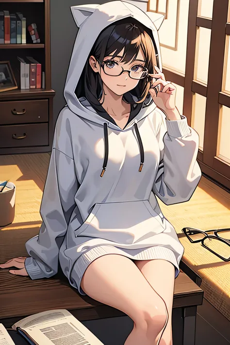 There is a woman sitting cross-legged on the floor.., Wearing glasses, Wearing glasses on, Japanese Model, Wearing glassesいた, a ...