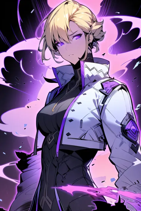 midly muscular woman, upperbody, blonde hair like fire, purple eyes, white oversized jacket, black pant, black gloves, intricate...