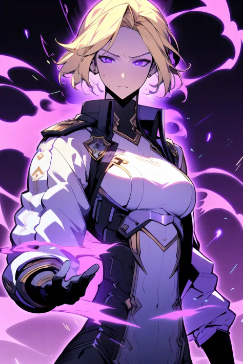 Midly Muscular woman, upperbody, blonde hair like fire, purple eyes, white oversized jacket, black pant, black gloves, intricate...