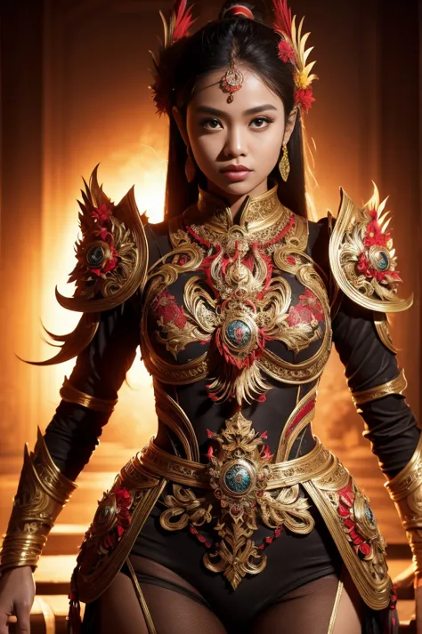 A girl wearing an Indonesian-style futuristic outfit，It embodies cultural integration and modern fashion. The suit is decorated ...