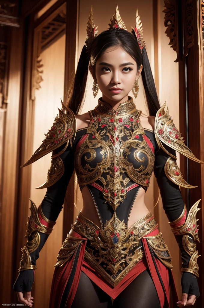 A girl wearing an Indonesian-style futuristic outfit，It embodies cultural integration and modern fashion. The suit is decorated with intricate patterns and bright colors, Showcasing Indonesia’s rich cultural heritage. The girl stood confidently，Strike a dynamic pose, Her meticulous eyes reflect determination and curiosity. The material of this suit is a combination of traditional textiles and future synthetic fibers, Giving it a unique and edgy look. Overall image quality is of the highest standard, Sharp focus，Detail rendering. This artwork uses physically based rendering techniques, Produces realistic lighting and shadows. Bright colors, Capturing the essence of Indonesian cultural aesthetics. The background combines modern architecture and traditional elements, Creating a fusion of the past and the future. The theme explores the intersection of Indonesian culture, Futuristic design, And the artistic image of a confident girl.