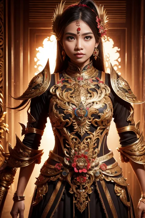 a girl wearing an indonesian-style futuristic outfit，it embodies cultural integration and modern fashion. the suit is decorated ...