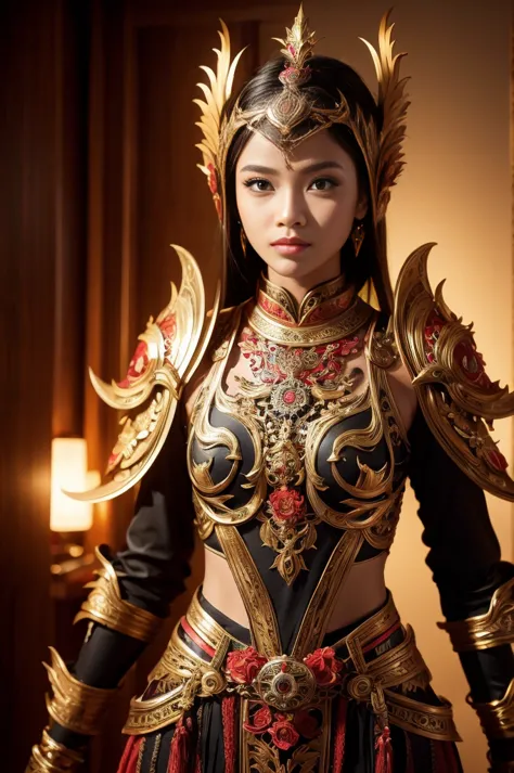 A girl wearing an Indonesian-style futuristic outfit，It embodies cultural integration and modern fashion. The suit is decorated ...