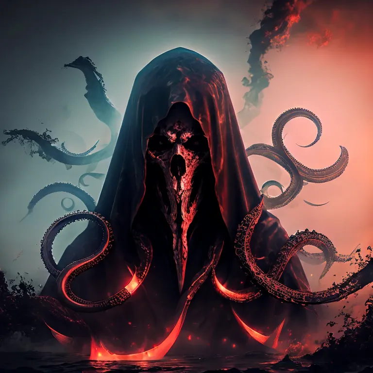 dark illustration evil octopus with black hood in a sea of blood background, incredible details, draw, fog, creep, interference ...