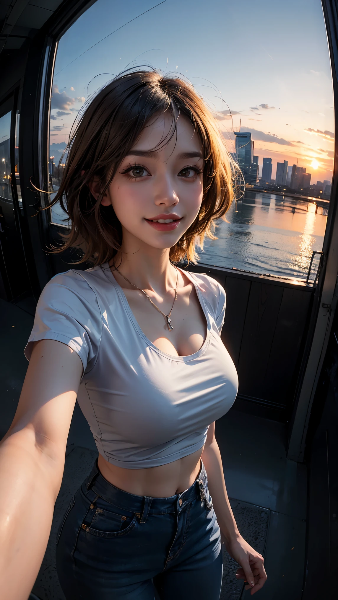 xxmixgirl,One girl, Fisheye Lens, Selfie, Wind, Messy Hair, sunset, Cityscape, (Aesthetics and atmosphere:1.2), Gray Hair,smile, Film Girl, Short top shirt, Chest wide open, 