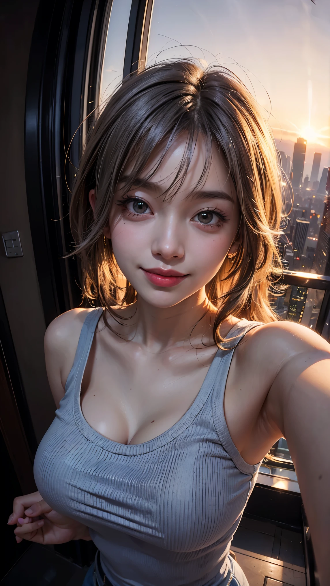 xxmixgirl,One girl, Fisheye Lens, Selfie, Wind, Messy Hair, sunset, Cityscape, (Aesthetics and atmosphere:1.2), Gray Hair,smile, Film Girl, Short top shirt, Chest wide open, 