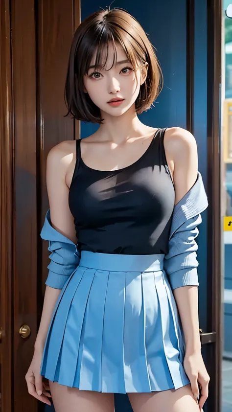 (Highest Resolution, clearly_image), highest quality, masterpiece, Very detailed, Semi-realistic, Woman with dark shoulder-length hair, Dark Eyes, mature, mature woman, Royal Sister, sexy, short hair, Triple Van, Light blue uniform, Light blue jacket, sold...