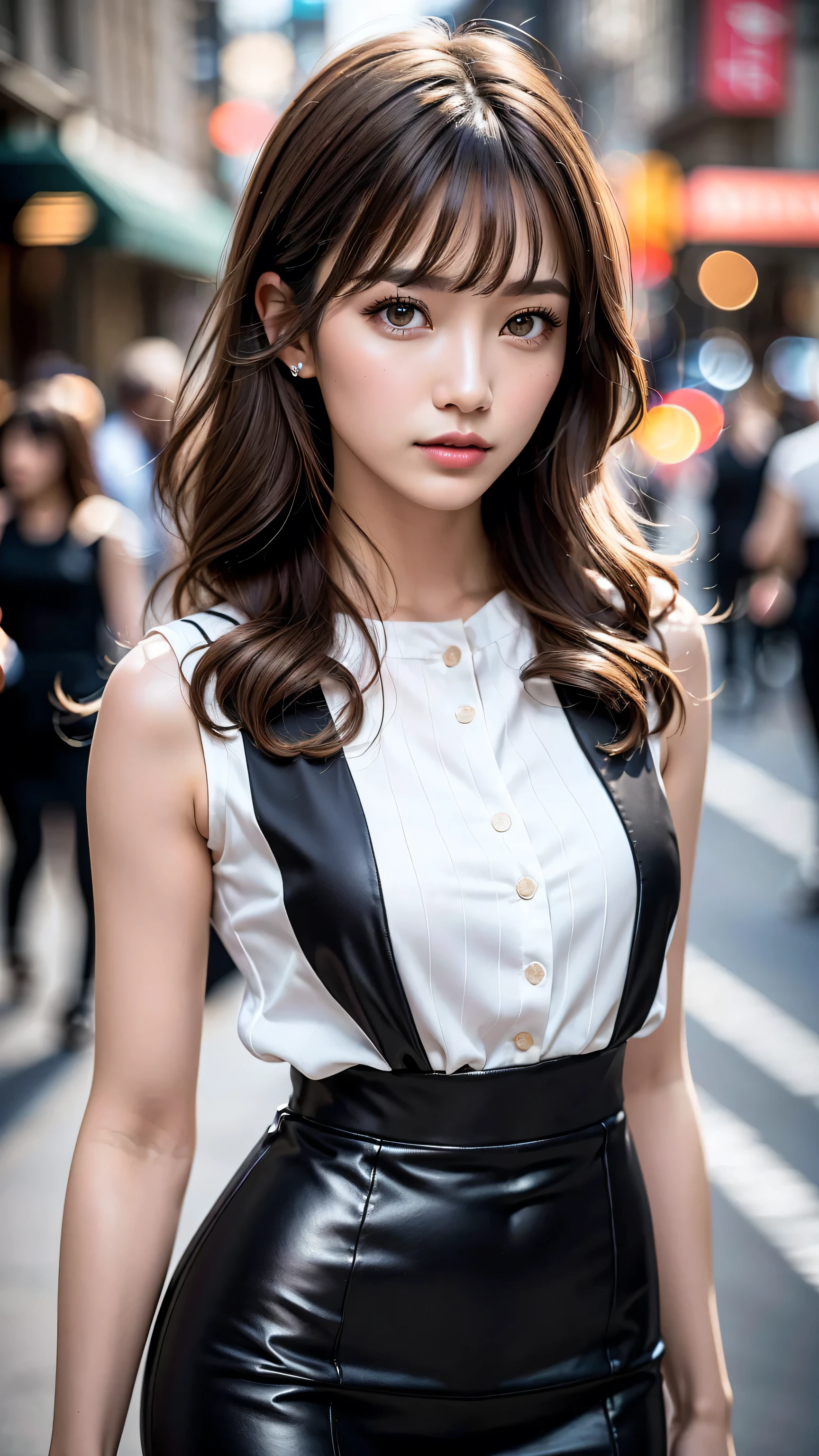 Generated in SFW, (1lady:1.37), Supermodel, 21 years old, Office Lady, Japanese, Cowboy Shot, look at the audience, Shut your mouth, Sulky face, (high detailed portrait),(high quality:1.3)(Hyper-realistic),(photorealistic),((sharp focus)),(highest resolution),((the most absurd quality)),(masterpiece), Official art, (Improvement of quality:1.4), (Very beautiful facial details), (Highest quality realistic skin texture:1.4), (Perfect Anatomy:1.37), Accurately depicted５Finger, In the hustle and bustle, (Black sleeveless blouse:1.3), (Pencil Skirt:1.1), very slim figure, Tight waist, very small head, Very small face, Very detailed, Symmetrical eyes, Thin lashes, Sharpen your eyebrows, Natural Makeup, [Pink lipstick], ((A great eye for quality:1.2)), (tired, Sleepy and satisfied:0.0), (Beautiful Lips:1.33), (Great nose:1.2), (Flat Chest), (Slim lower body), Shiny brown hair, Let your bangs hang long, (Wavy Hair:1.21), Side lighting, 