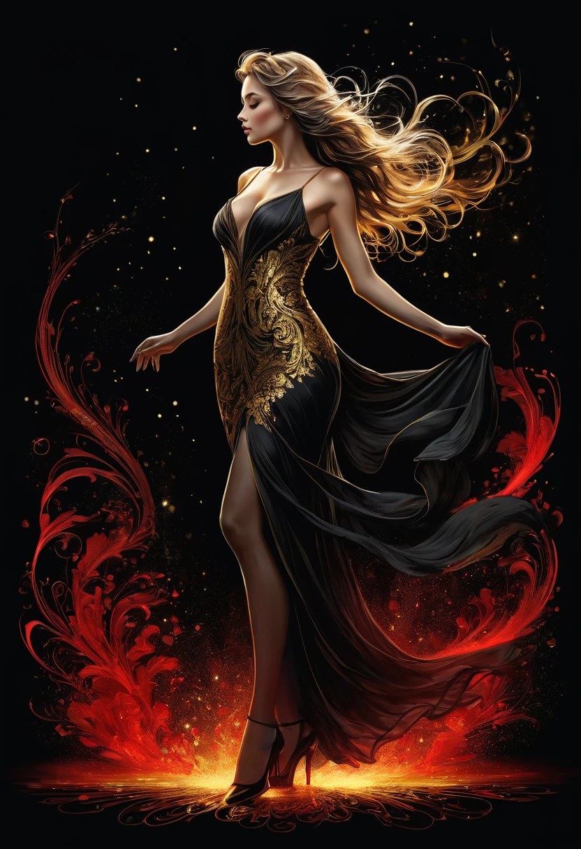 Poster, Full body, Shadow art, red outline drawing on a dark black background, red light from behind, Red outline silhouette, flowing hair, "(silhouette of a beautiful (young) woman), ideal physique, slender graceful forms, charming modesty , (shy) perfection in [stylish] bodycon black silk dress, 8k resolution, full body" Side View, Shadows, Mysterious, style of Jean Baptiste Monge, Thomas Kinkade, David Palumbo, Carne Griffiths.
golden patterns, golden and black spirit, liquid gold explosion, golden smoke magic, star dust, golden milky way, black background, magic fog, alcohol ink,