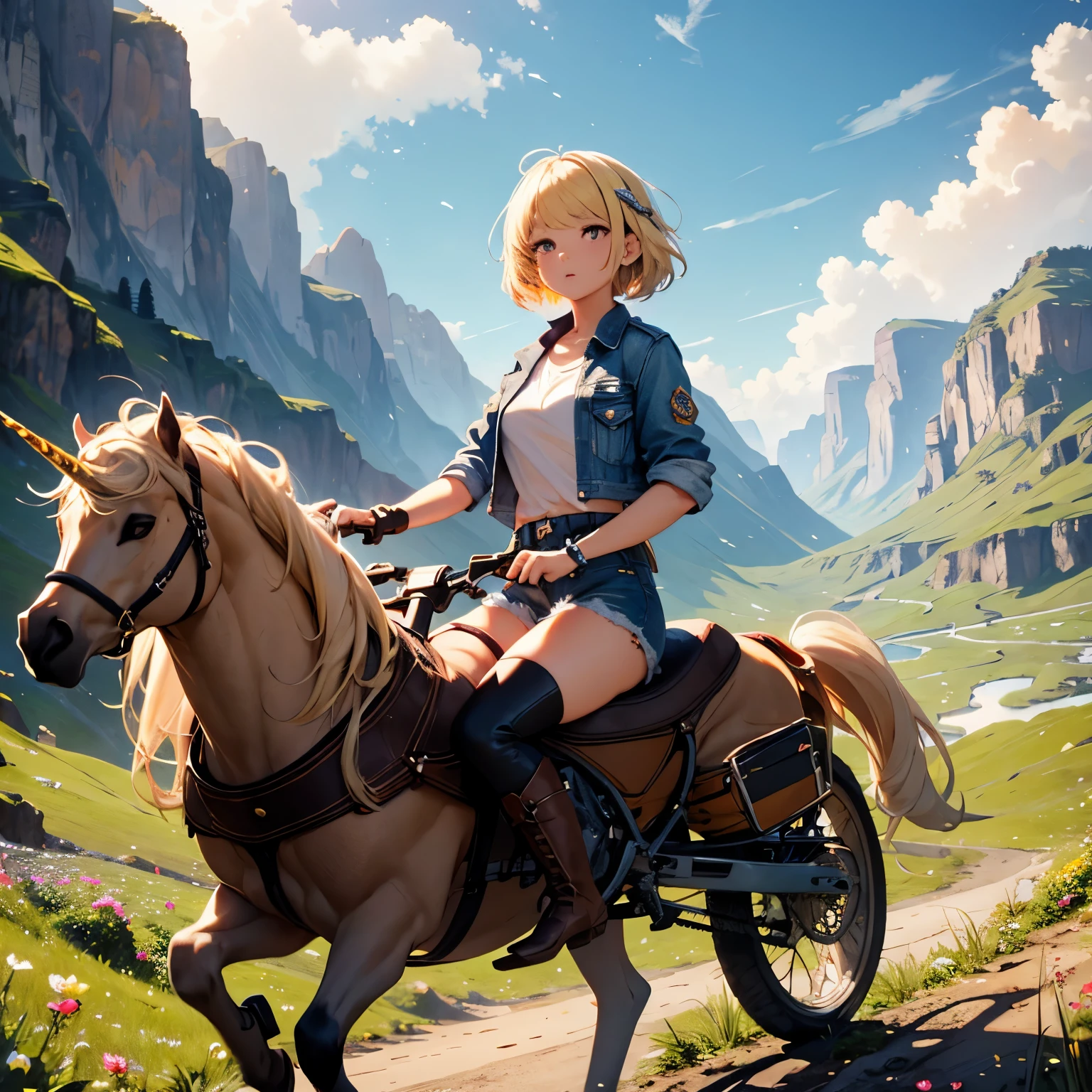 Girl riding a unicorn　Blonde girl　PiercingsShort Hair　Wearing brown boots　Short trousers　denim　Leather jacket　In the mountains　Flowers are blooming